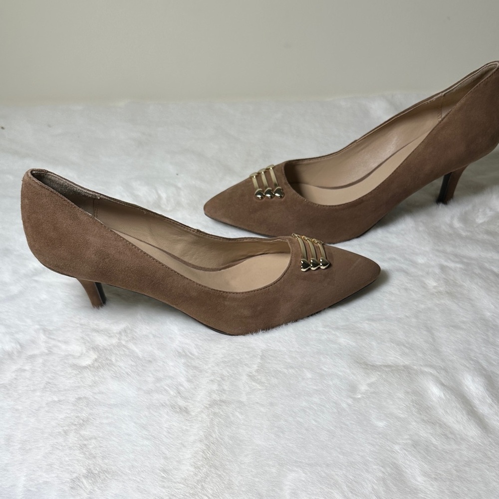 Love Moschino Brown Suede Pointed Toe Kitten Heel Pumps with Gold Accents